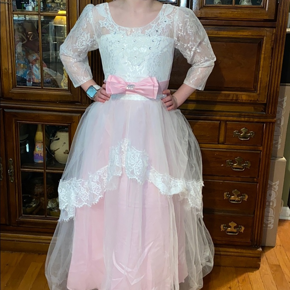 ⚡️Girls Pink and White Long Bridesmaid Dress L XL